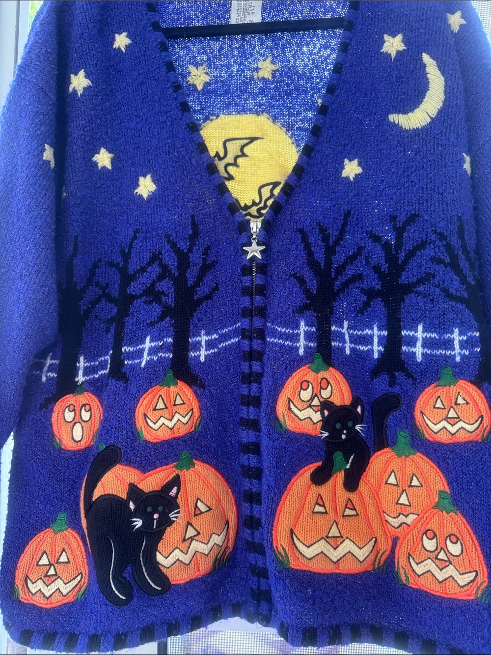 Mandal Bay Vintage 90s Halloween Zip Knit Cardigan Pumpkin Black Cat Bats XL - Picture 9 of 9
